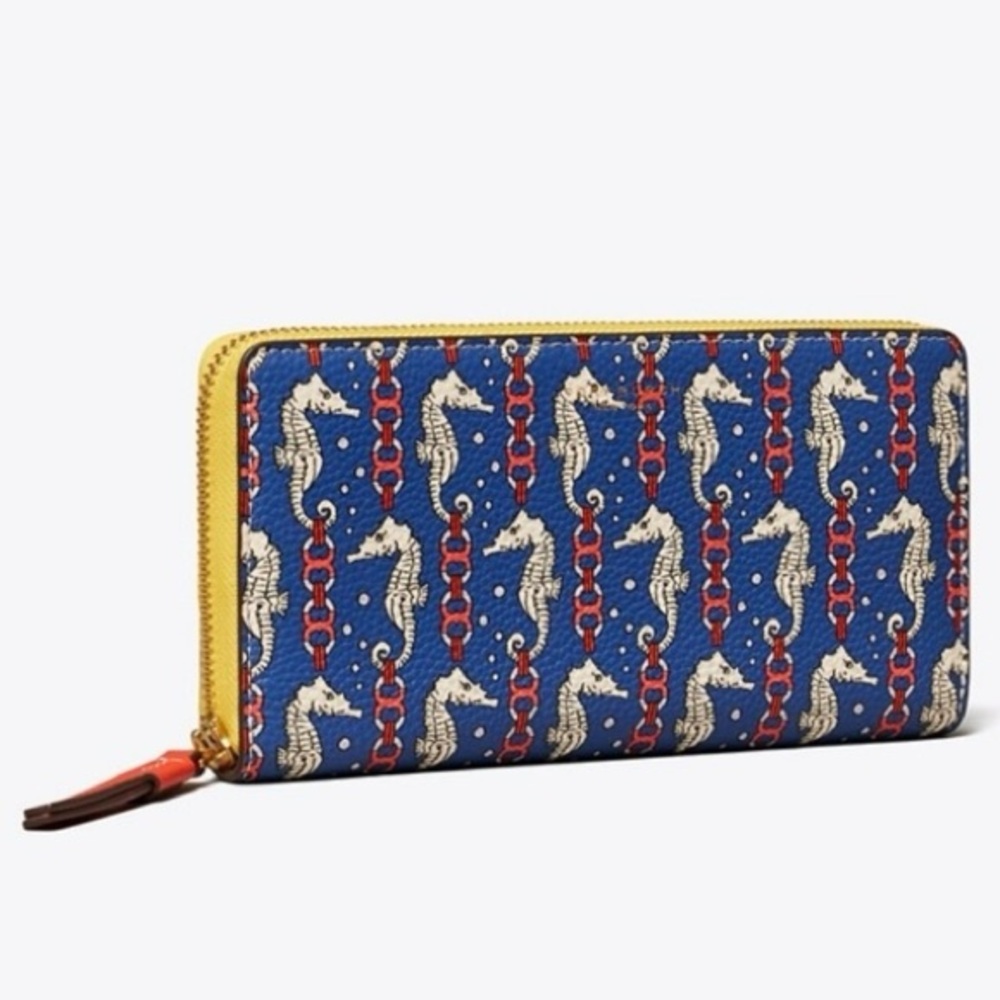 Tory Burch Blue and Red Seahorse Zip Continental Wallet
